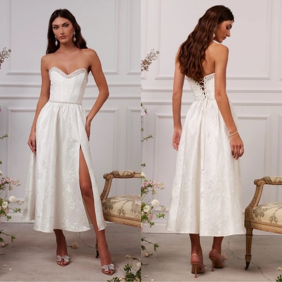 NEW NWT V. Chapman Lucia Strapless Pearl-Embellished A Line Midi Dress White - Picture 3 of 12